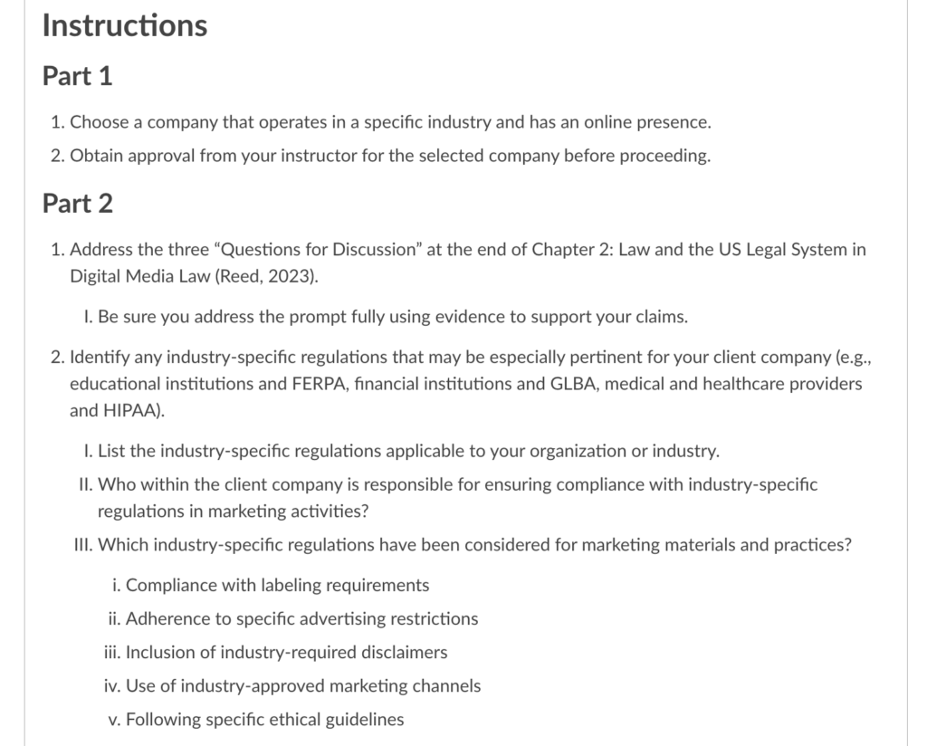 Assignment instructions detailing steps for selecting a company and identifying relevant digital media laws and regulations.